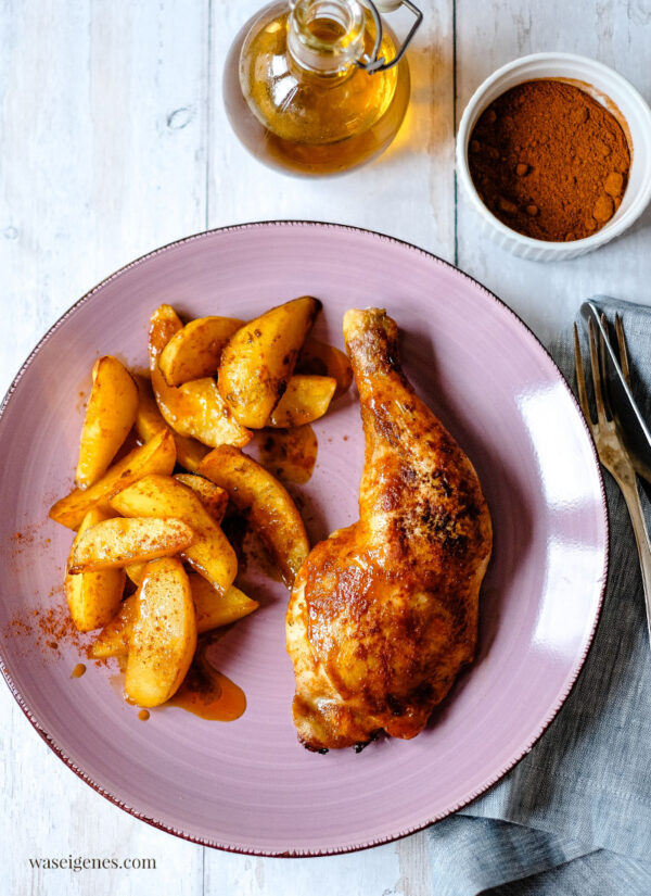 Hähnchenschenkel mit Honig-Marinade und Kartoffeln aus dem Ofen