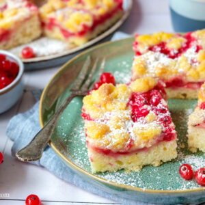 Johannisbeer-Streuselkuchen vom Blech mit knusprigen Butterstreusel oben und softem Quark-Öl-Teig unten | waseigenes.com | Was backe ich heute?